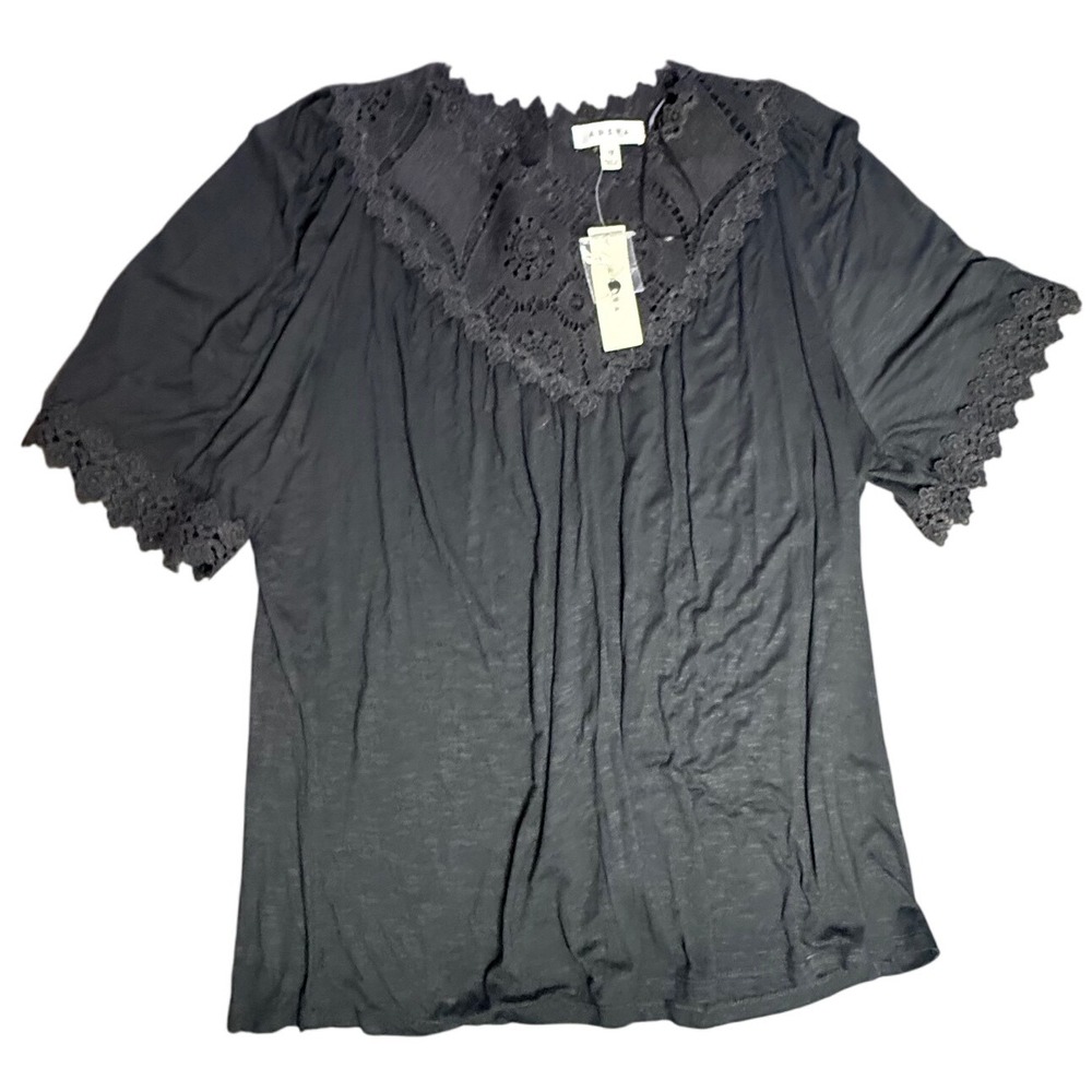 Adiva Black Lace Trim Top Plus Size 1X Short Sleeve Blouse
